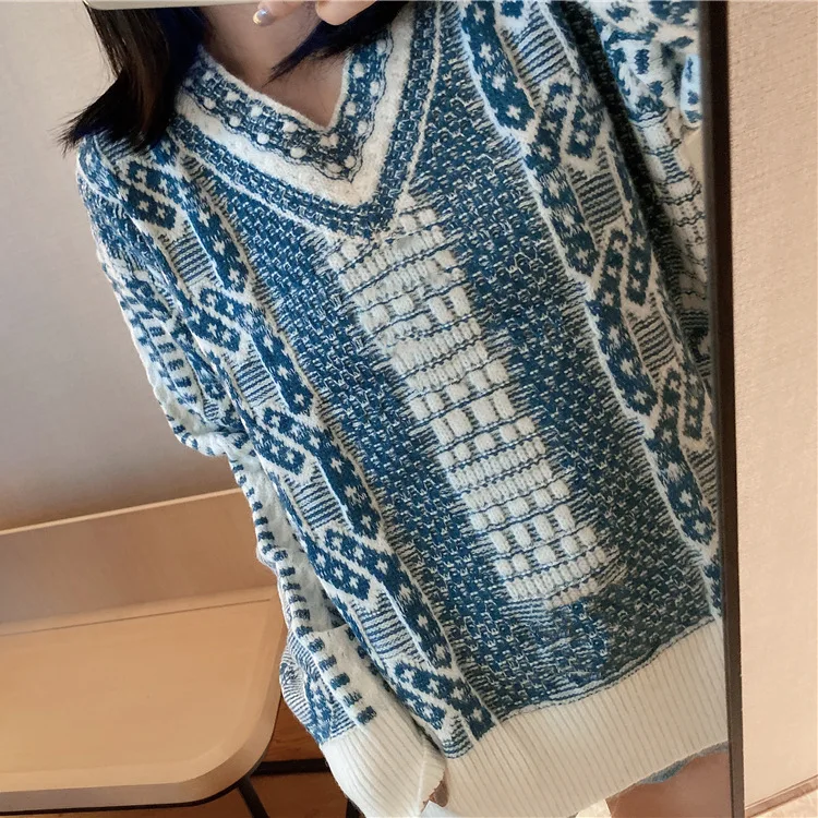 

V-neck Full Sleeves Tassels Patchwork Contrast Colors Pullover Loose Knits Sweater Female Top Autumn And Winter C072