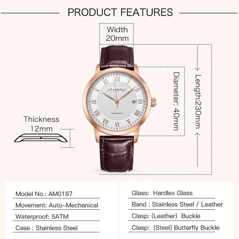 

STARKING Business Watch Men Automatic Full Stainless Steel Roman Dial 28800 Beats Mechanical Wristwatch Relogio Masculino AM0187