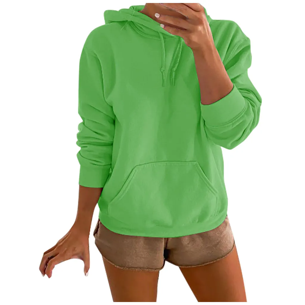 

Women Solid Hooded Pocket Long Sleeves Hip Hop Streetwear Sweatshirt Blouse Tops 9 Color Hoodies Oversize Loose Jumper Pullover