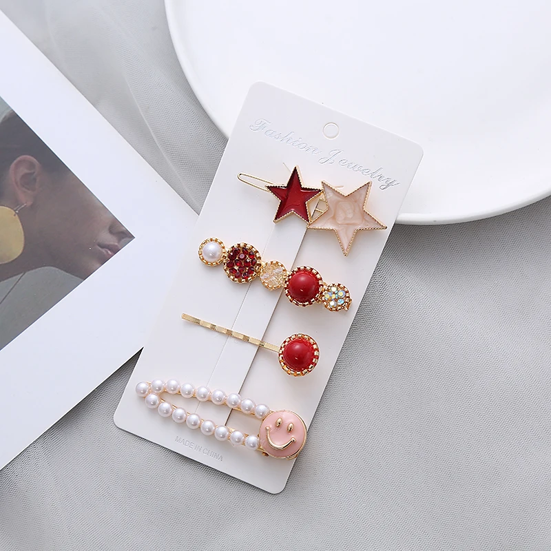 

4-piece set of net red candy color pearl hairpin temperament girl side bangs broken hairpin with diamond crystal side clip