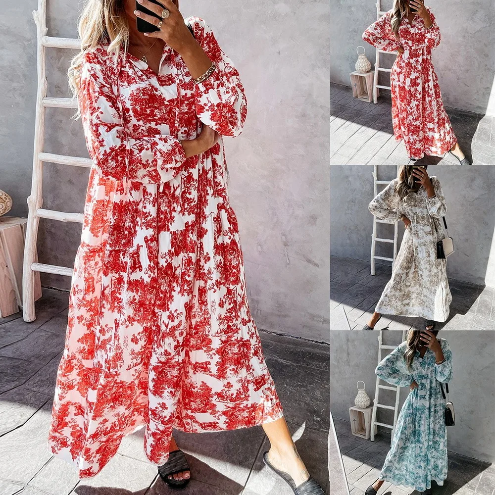 

2021 summer new style drawstring dress elegant floral print loose female long-sleeved dress V-neck party dress