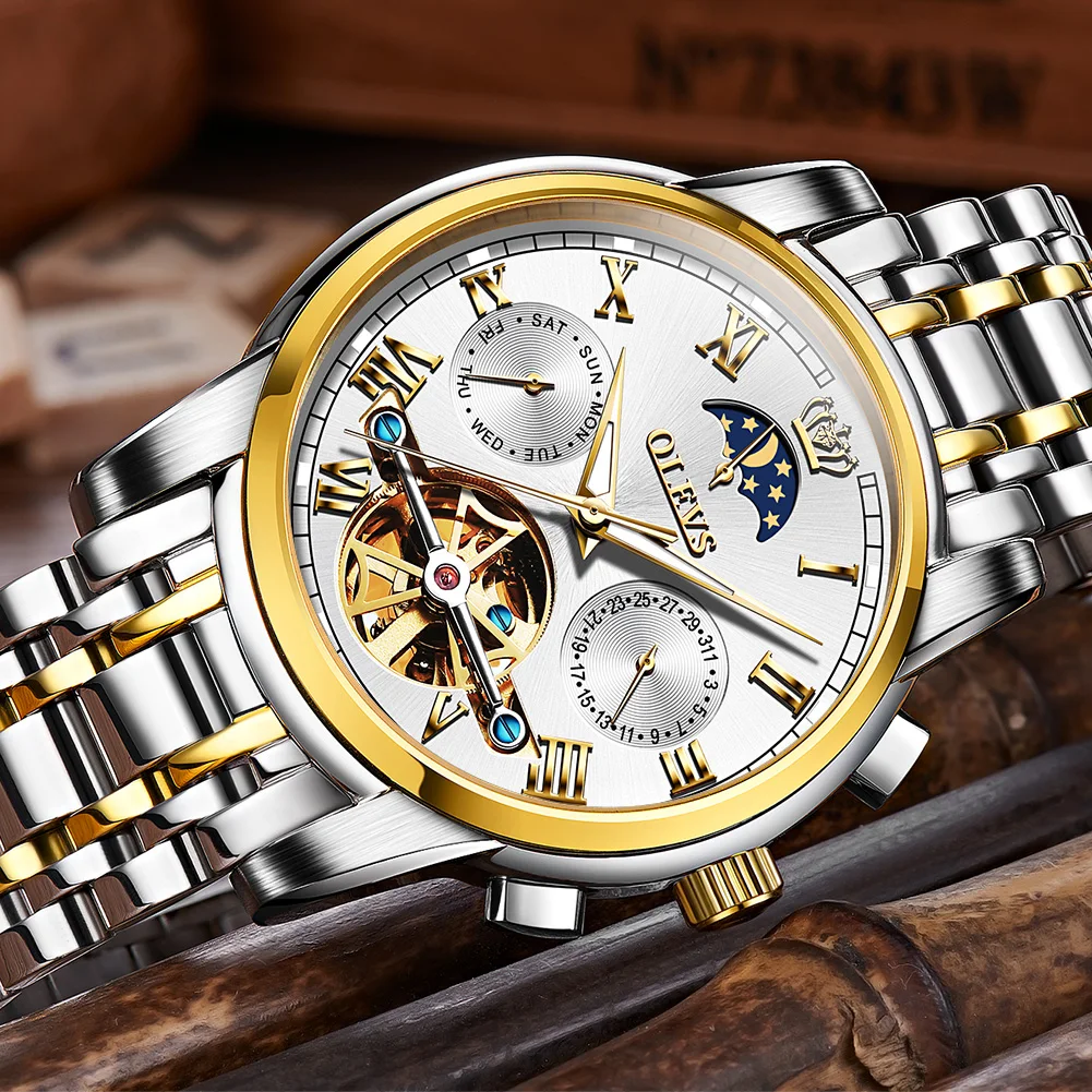 OLEVS Мужские автоматические наручные часы с турбийоном механические из