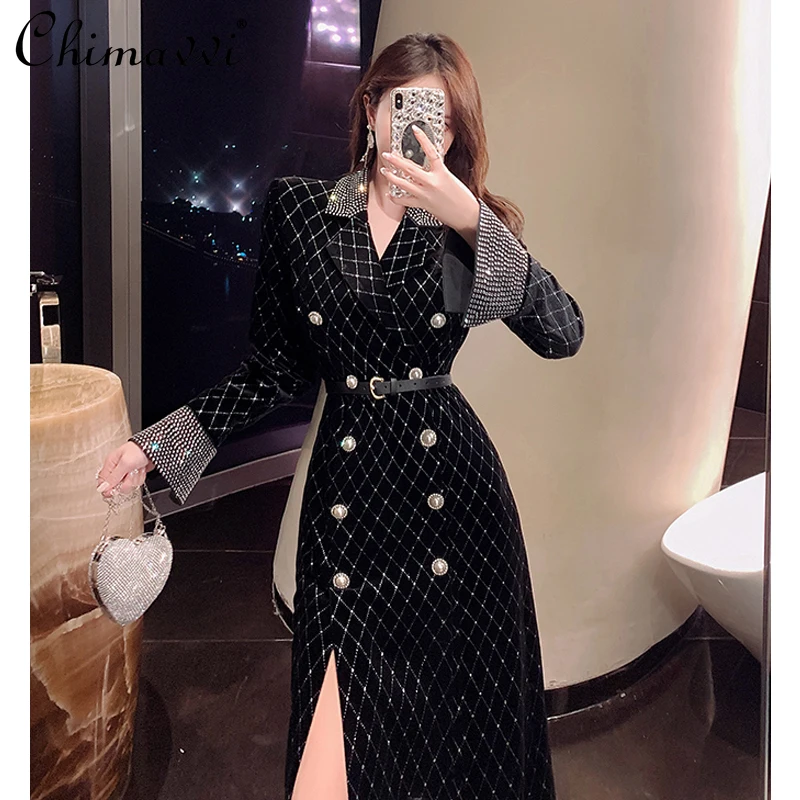 Female Black Slimming Long Blazer 2021 Autumn Winter Korean Fashion High Street Suit Jacket Female Double Breasted Midi Coat