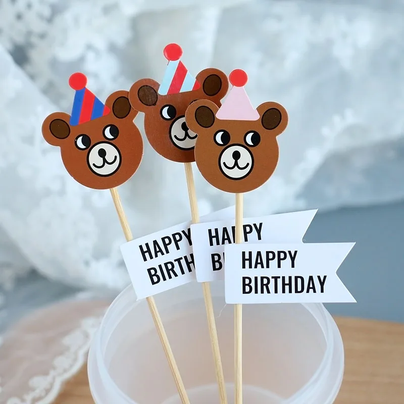 Bear Cake Topper Baby Shower Wedding Dessert Decoration Cute Letter Smiley Flowers Girl Birthday Party Boy Baking Supplies |