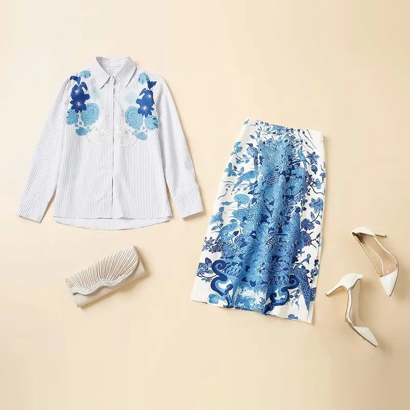 

Женская одежда в американском и европейском стиле новинка зима 2021 стильная полосатая рубашка с длинными рукавами юбка с цветочным принтом ...