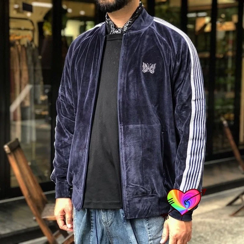 

Куртка с вышивкой «бабочка» для мужчин и женщин, тёмно-синяя куртка из бархата с лентами и иглами, пиджак для отдыха, верхняя одежда