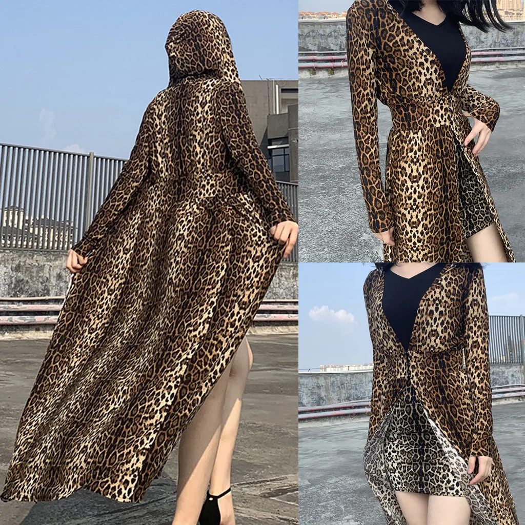 

Vogue New Tides Women Sexy Leopard Print Thin Windbreaker Buttons Hoodie Long Sleeve Long Outwear Cloak Coat Street Fashion