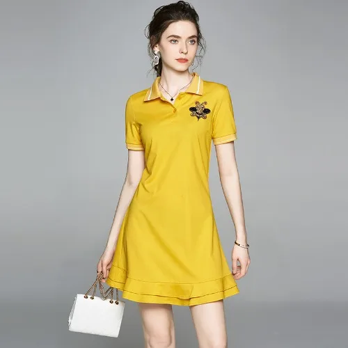 

Woman Summer Sweet Bee Sequined Embroidery Short Sleeve Sport Dress Ruffles Hem Mermaid Dress Casual Lapel Slim Shirt Dresses