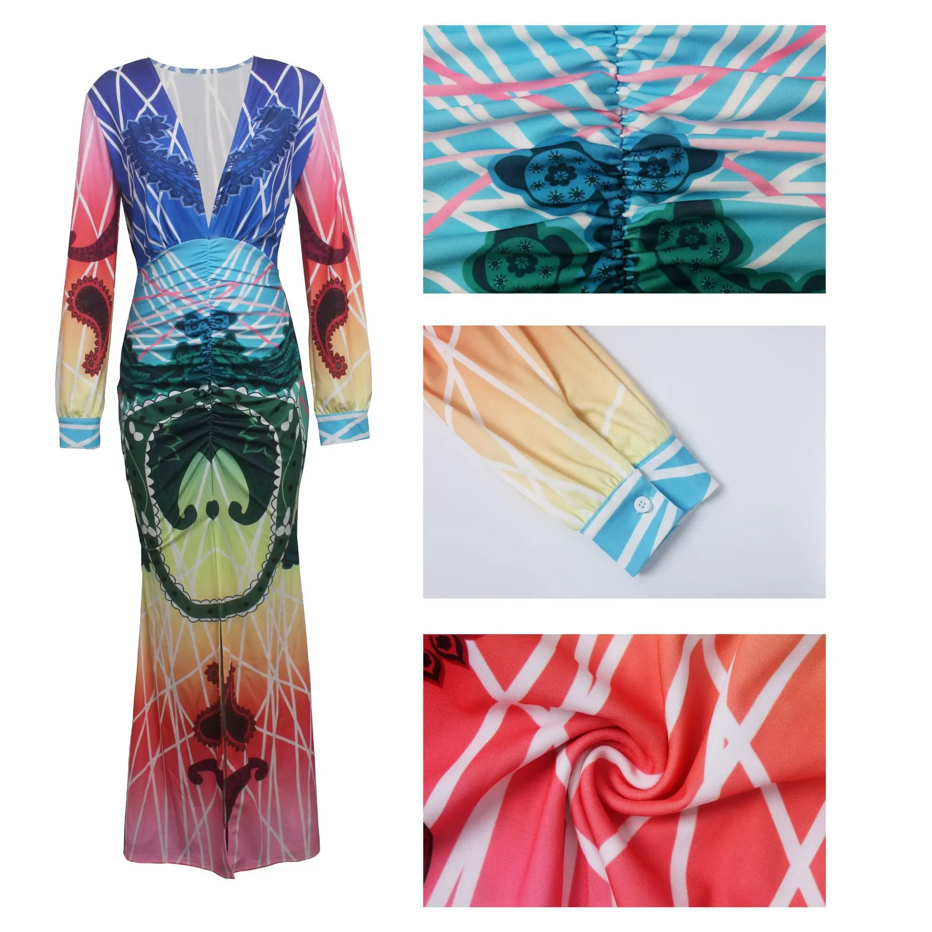 

Elegant Neon Digital Print Maxi Dress Women Sexy Deep V Neck Long Sleeve High Slit Women Dress Evening Party Dresses Vestidos