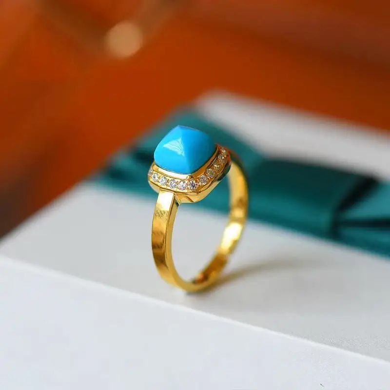 

Mini Pyramid Hong Kong Designer Model Turquoise Ring Women's Sterling Silver Diamond Set Cold Style Fashion Simple