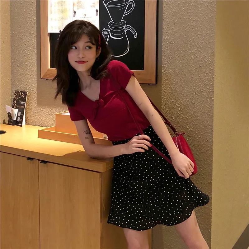 2020 милый женский комплект из топа и юбки пуловер с бантом короткий красный свитер