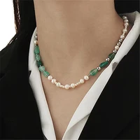 allnewme korean natural freshwater pearl beaded necklace for women ladies green color stone chokers necklace chic accessories