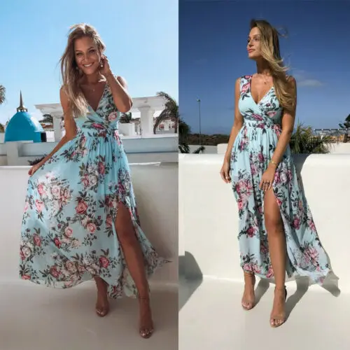 

Women Boho Dress Blue Floral Printed Long Maxi Dress Deep V-neck Summer Beach Evening Party Sundress Sleeveless Dresses Vestidos