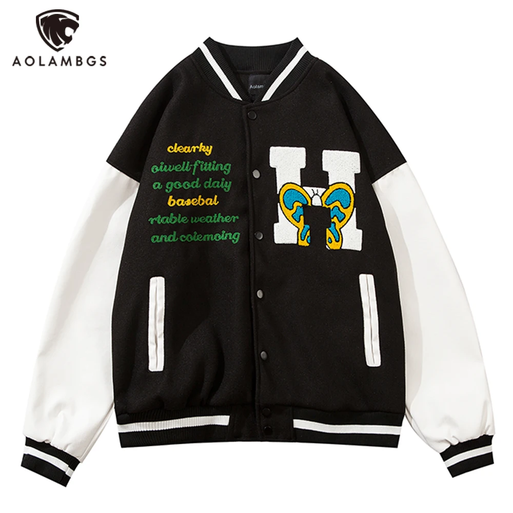 

Aolamegs Лоскутная меховая бейсбольная куртка с вышитым буквенным принтом, мужские пальто Harajuku, куртка-бомбер в студенческом стиле, уличная оде...