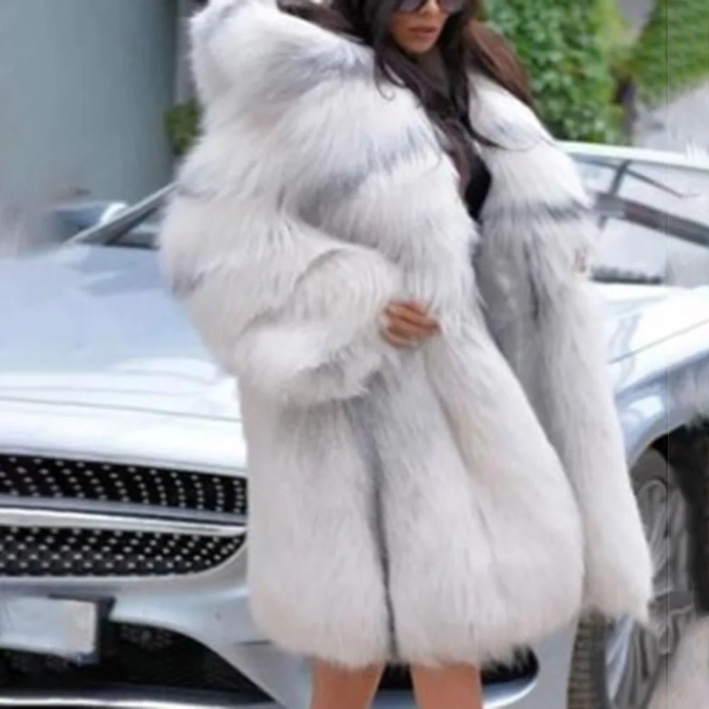 

Fashion Long Hooded Plain Straight Women's Faux Fur Overcoat Noble Elegant Thick Warm High Quality Comfort Temperament Luxury