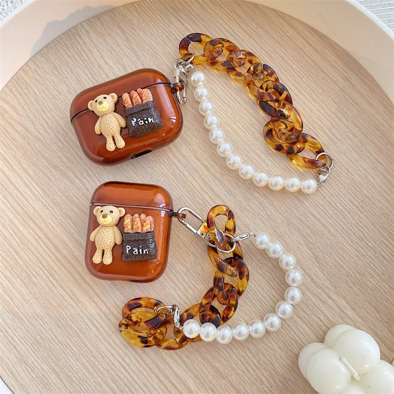 

Caramel Bread Bears Chains Pearl Bracelet AirPods 1 2 3 Pro Case Cover iPhone Earbuds Accessories Airpod Case Air Pods Case