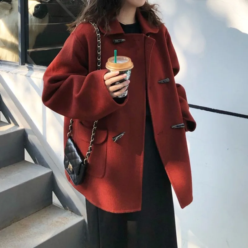 

Korean Red Lapel Elegant Loose Woolen Coat Women's Ox Horn Button Kawaii Thick Wool Coats Short Autumn Winter Cute Overcoat New