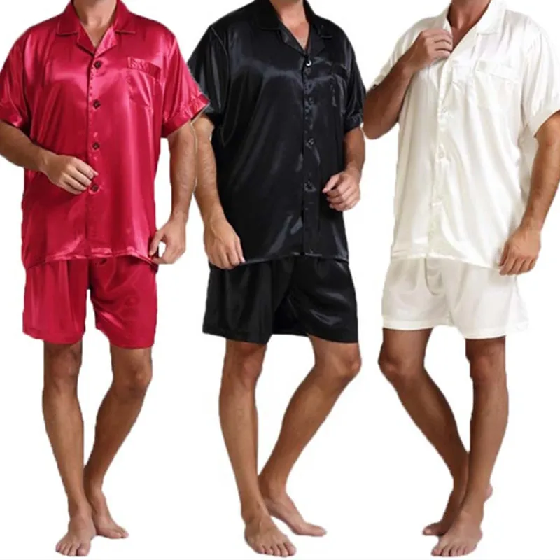

Размера плюс, летняя мода, Мужская шелковый атлас пижамы наборы для ухода за кожей мягкие пижамы шелковая ночная рубашка с коротким рукавом,...