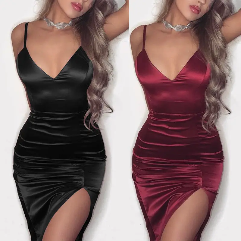 

Women Sexy Spaghetti Satin Dress Braces Deep V Midi Evening Party Dress Irregular Summer Bodycon Dress Clubwear Red Black