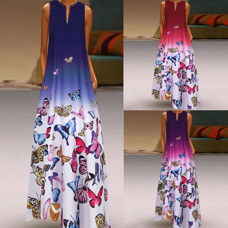 

Women Summer Dress Ladies V Neck Bohemia Plus Size Butterfly Print Casual Sleeveless Vintage Fashion Maxi Dress Sundress 2021