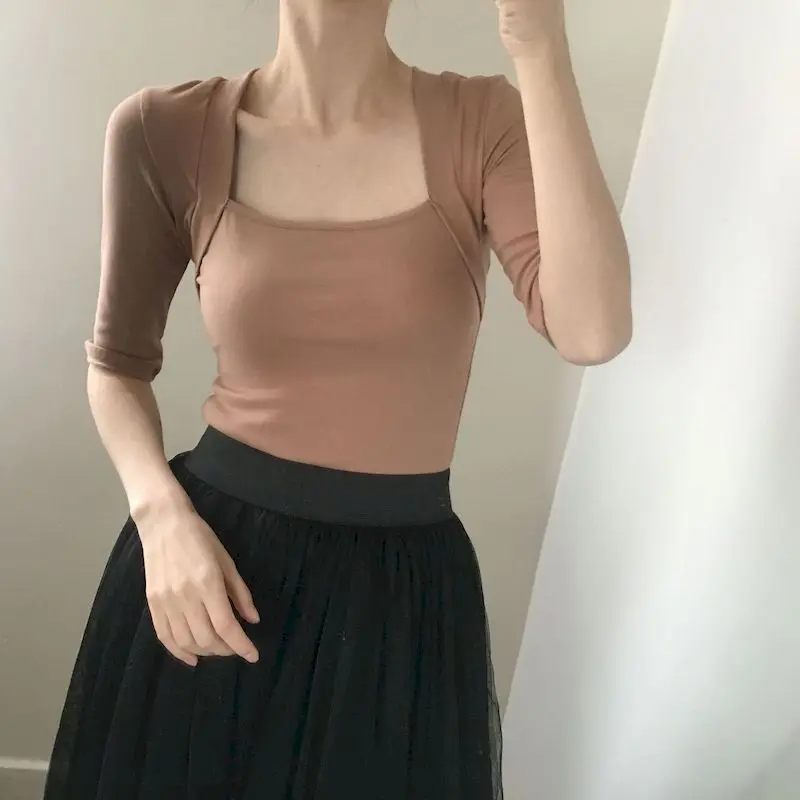 

Autumn Women Yoga Shirt Medium-sleeved Slim Retro Fake Two Pieces Casual Female Top Dance Running Pilates Temperament Quick-dry
