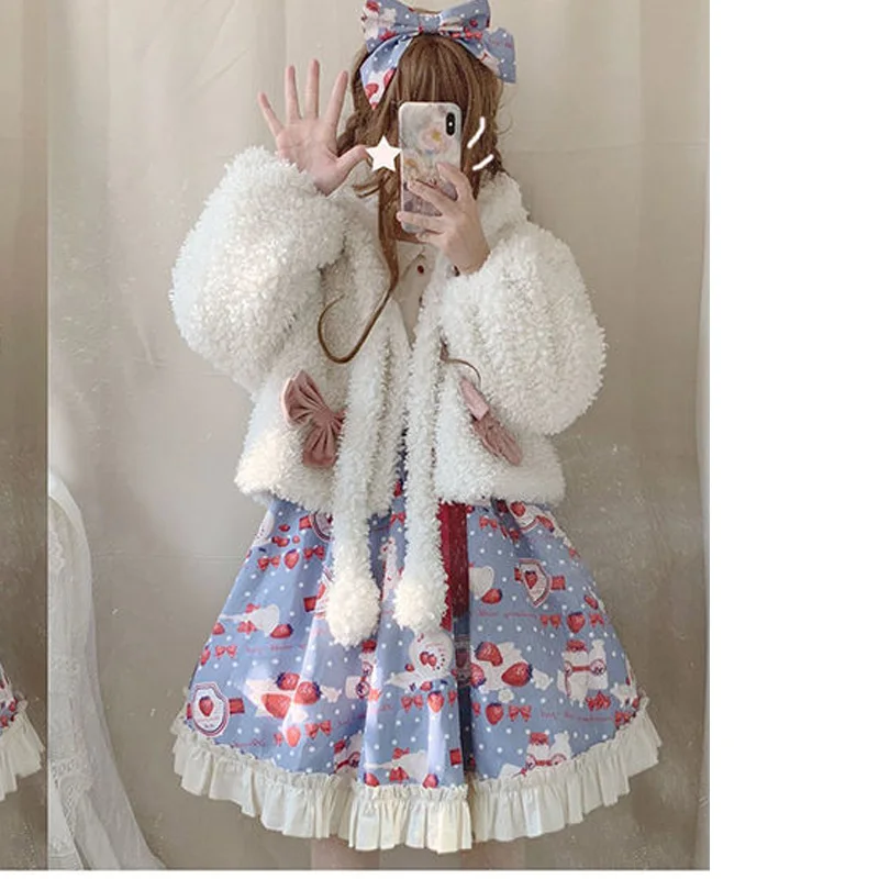 Autumn Winter Japanese Girly Sweet Lolita Coats Cute Warm Soft Plush Rabbit Ear Moving Hooded Short Jackets Women Kawaii Outwear