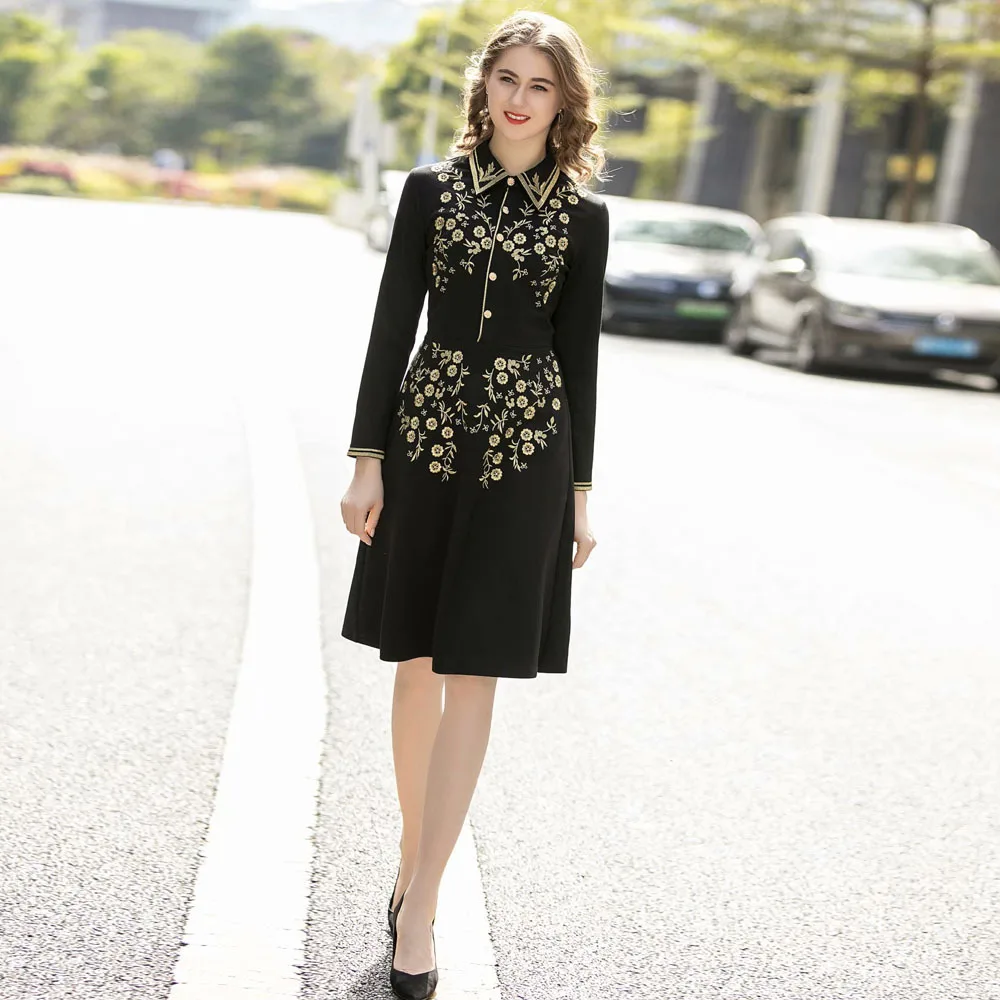 

High Quality New 2020 Spring Style Women Turn-down Collar Golden Embroidery Long Sleeve Large Swing Black Vintage Dress Workwear