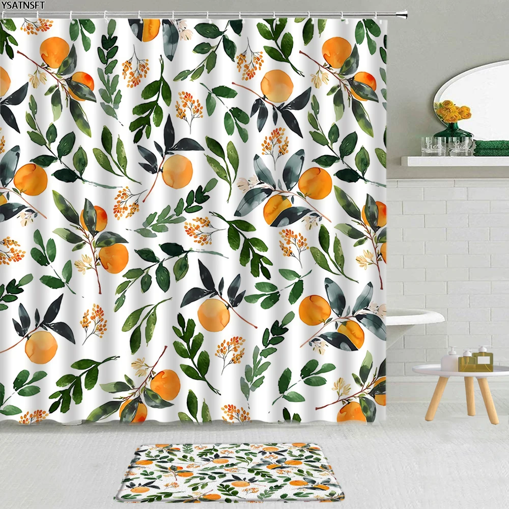 

2Pcs Summer Tropical Fruit Shower Curtain Pineapple Lemon Green Leaf Flowers Fabric Non-Slip Bath Mat Bathroom Set Home Decor