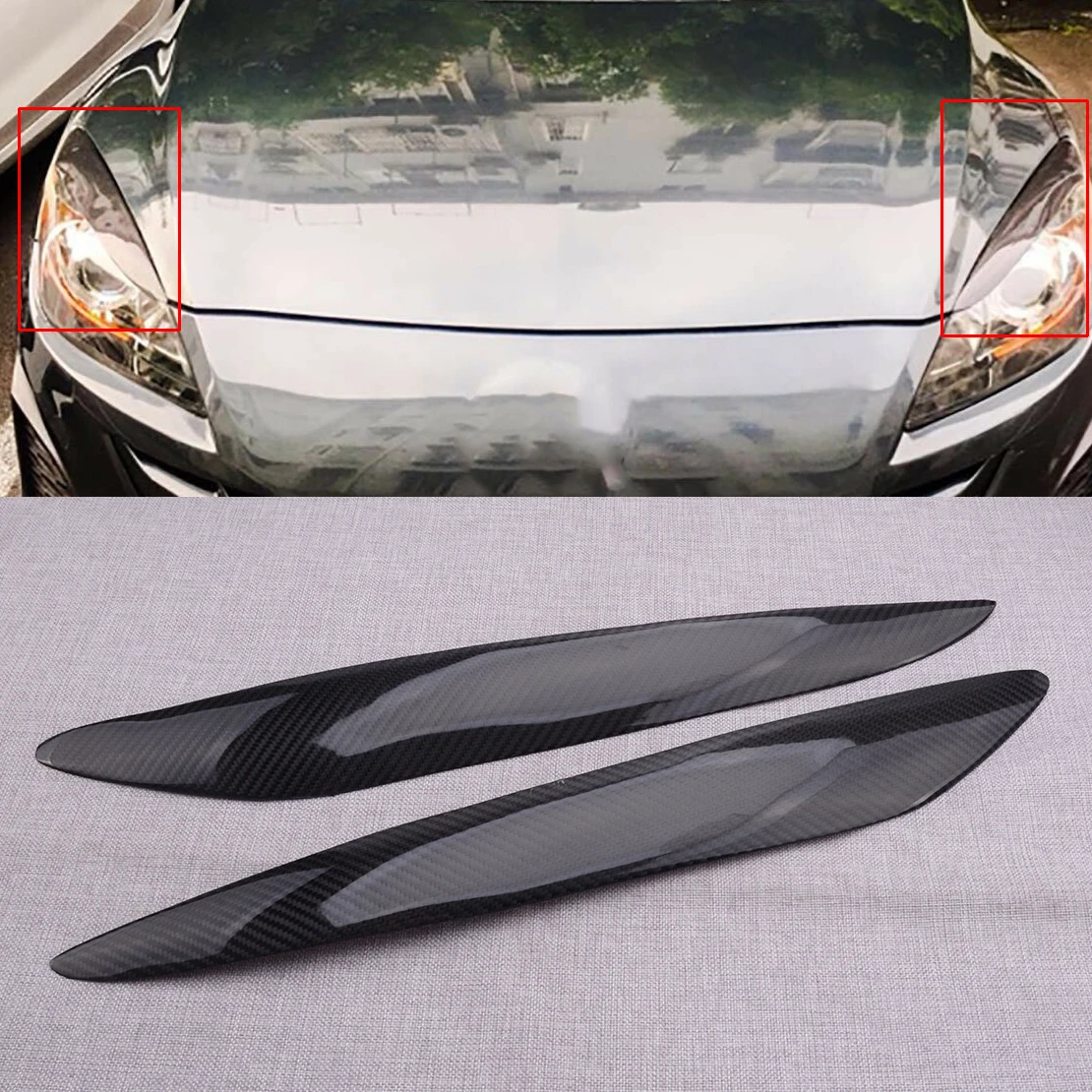 

2pcs Carbon Fiber Headlight Eyebrow Eyelids Overlay Cover Trim Fit For Mazda 3 Mazda3 JDM 2010 2011 2012 2013
