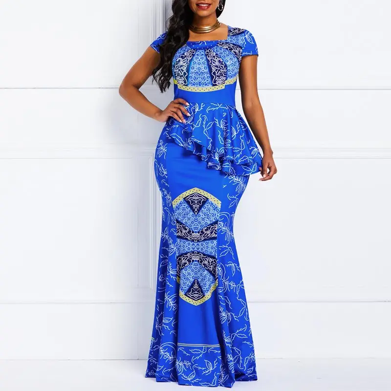 Платье женское повседневное синее с высокой талией и принтом|Женские платья| |