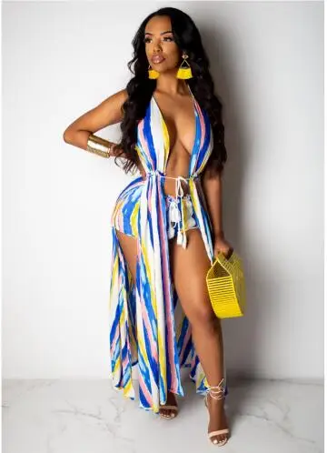 Пикантные Для женщин пляжное платье с полосками туника для бикини (Bikini Cover Up)