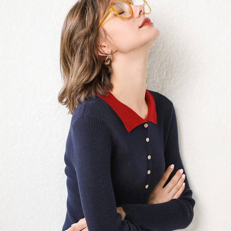 Элегантные женские свитера с воротником поло Осень-зима 2019 модные вязаные