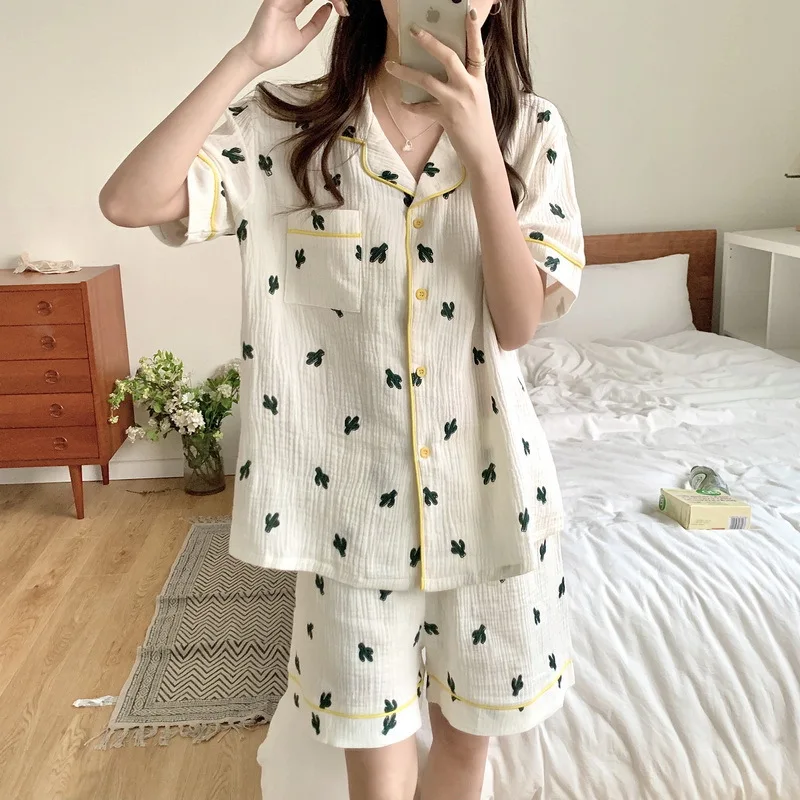 2021 Summer New Printed Pajamas Women's Cardigan Cotton Gauze Short Sleeve Home Suit Female Sleepwear Lady Nightwear Lounge Wear