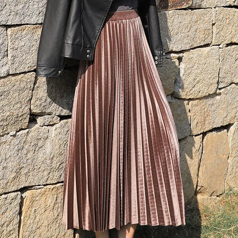 Женская плиссированная юбка однотонная бархатная с эластичным поясом и высокой