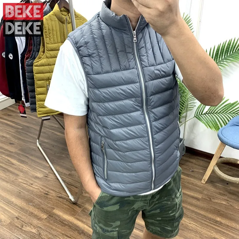

Casual Sleeveless Grey Duck Down Vest Men Stand Collar Waterproof Nylon Waistcoat Lightweight Autumn Winter Slim Fit Vest Jacket
