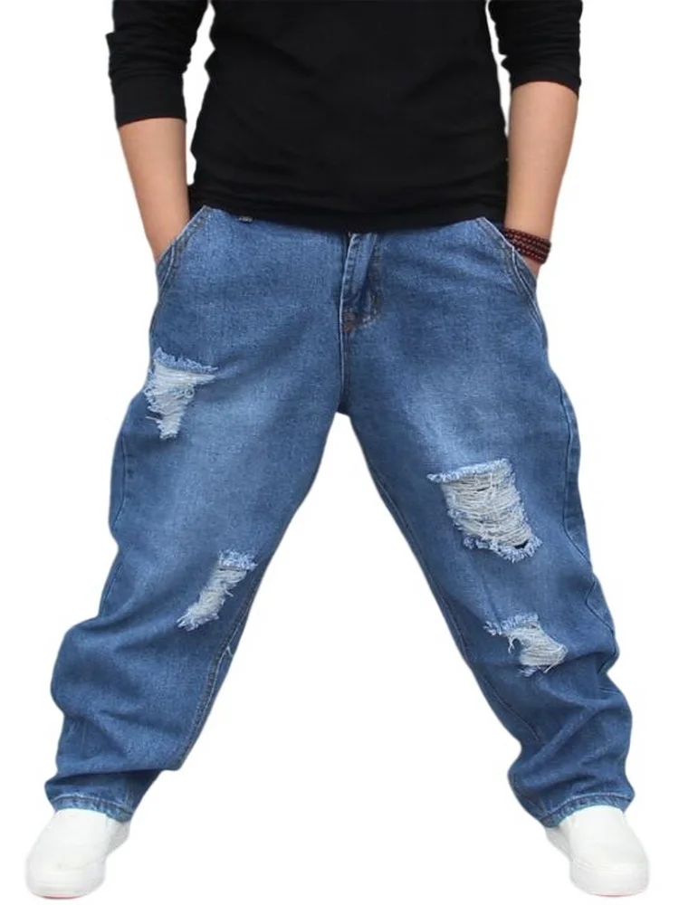 Men Low Drop Crotch Baggy Loose Patch Jeans Streetwear Pants Personality Jeans Cowboy Cross-Pants Size 29-42