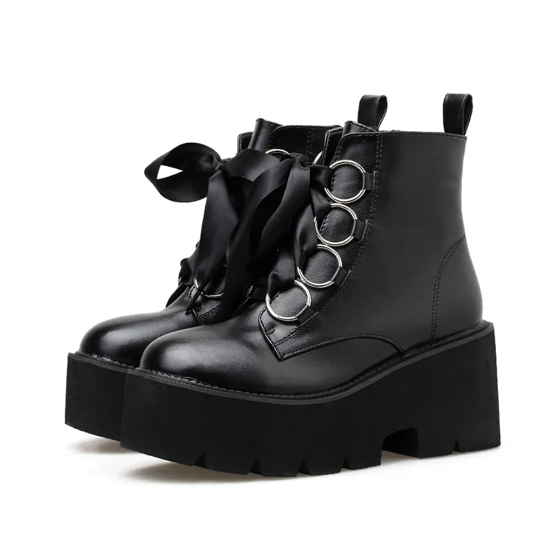 black shoes Gdgydh Autumn New Women Ankle Boots Round Toe Lace-up Platform Short Boots Female PU Soft Leather Black Boots Drop Shipping - Цвет: black shoes