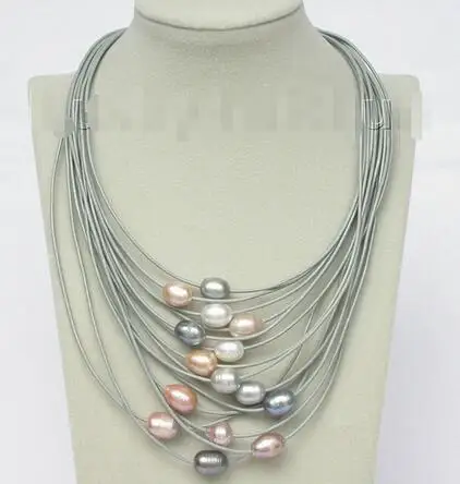 

Кожаное ожерелье с жемчугом 17-24 дюйма, 15 рядов, 10-12 мм, фиолетовое, серое, розовое, белое