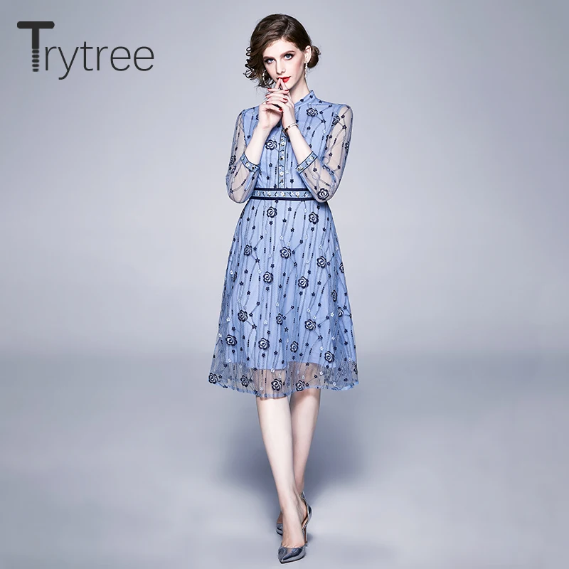 Весеннее женское платье Trytree 2020 повседневное лоскутное А силуэта с круглым