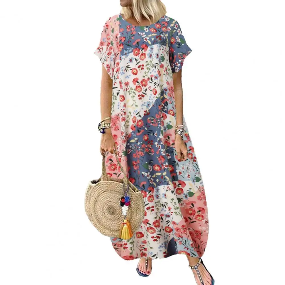 

Women Maxi Dress Floral Print Loose Women Short Sleeve Round Neck Dress for Women Vestidos Party