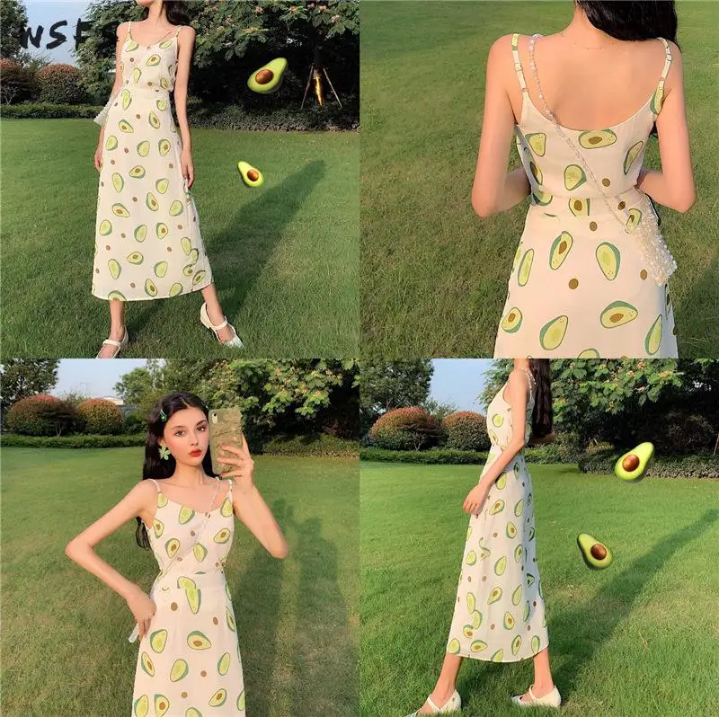 

2 Piece Set Women Dress Spaghetti Strapless Tops Summer Dresses Print Avocado Midi Pencil Wrap Skirt Long Midi Sexy Party Dress