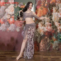 belly dance suit summer mesh fabric top printing split skirt performance clothes set adult profession competition clothing