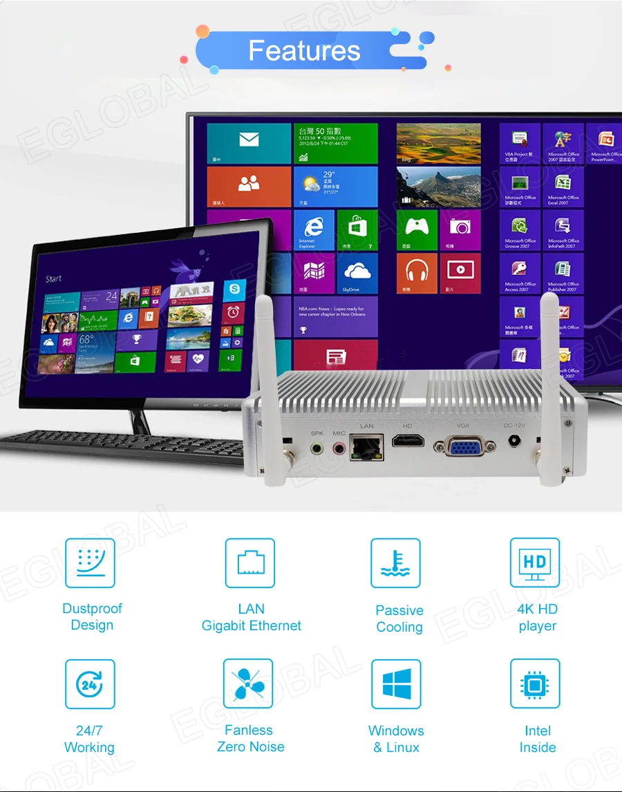 EGLOBAL безвентиляторный игровой компьютер I3/I5/I7 DDR4 DDR3L Windows 10 pro мини ПК HDMI VGA ТВ Медиаплеер игровой Настольный