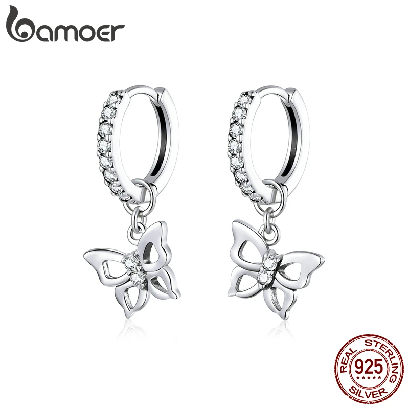 

BAMOER Dazzling Butterfly Hoop Earrings for Women 925 Sterling Silver Engagement Wedding Statement Fine Jewelry Pendants SCE833