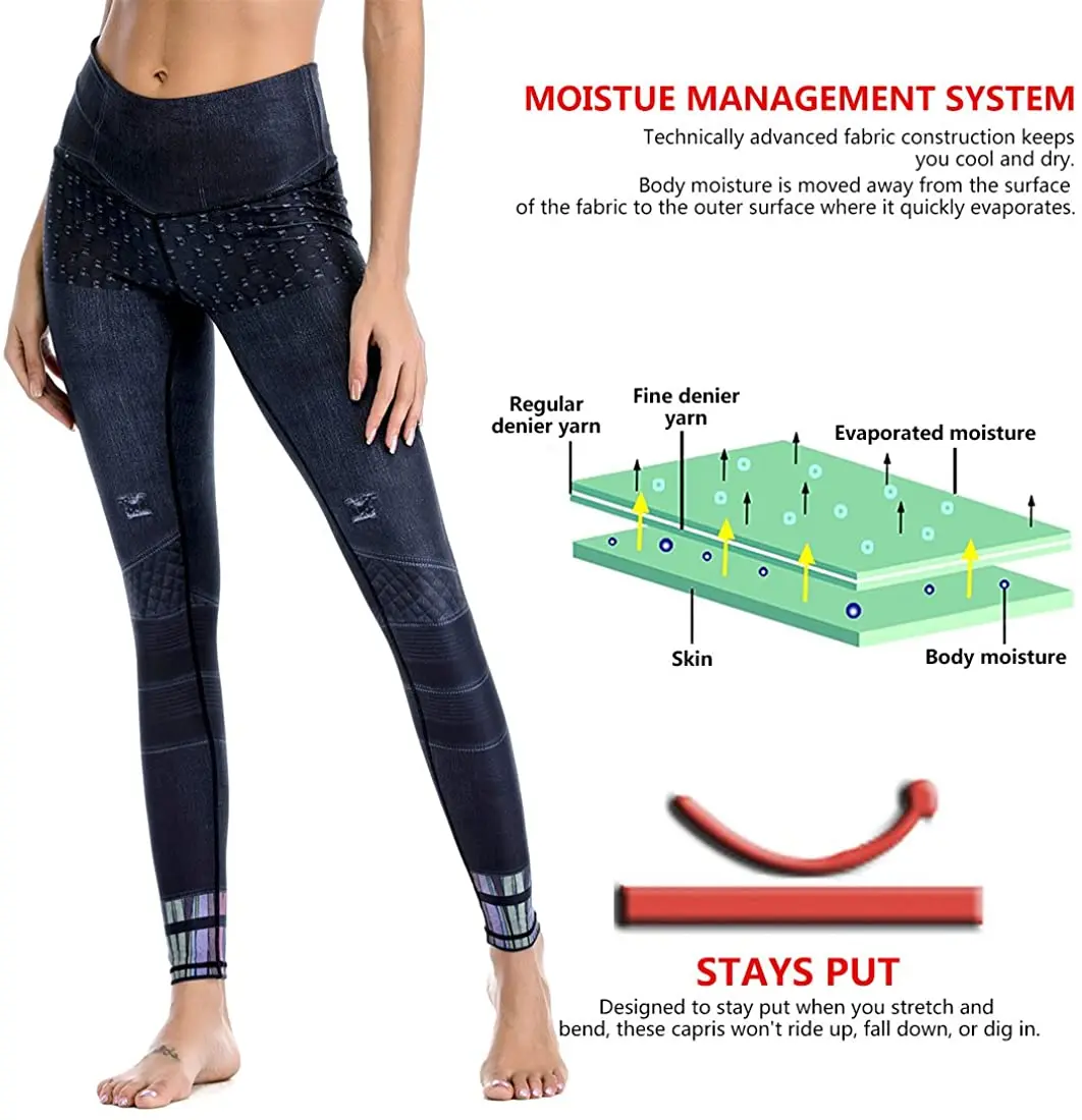 Denim Pattern Gym Sport Leggings Women Fitness High Waist Tummy Control Pants Workout Pull Up Skinny Yoga Trousers Femme