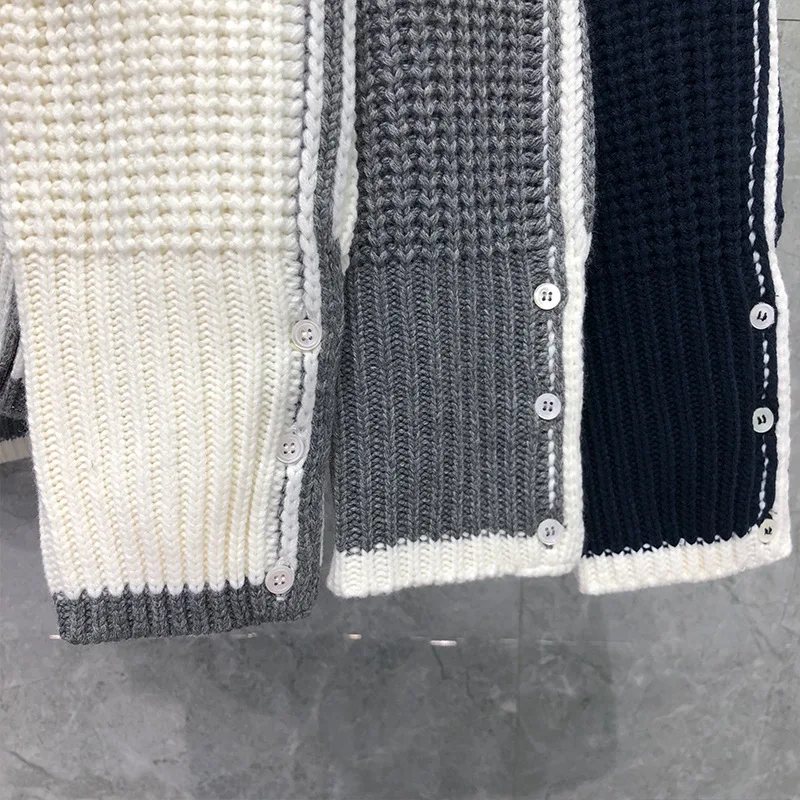 

2021 Fashion TB THOM Brand Sweaters Men Slim Turn Down Collar Cardigans Clothing Striped Coarse Wool Thick Winter Casual Coat