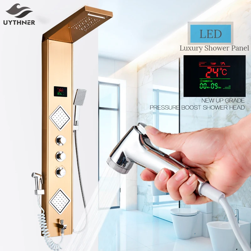 Роскошный Золотой/черный смеситель для душа Uythner Светодиодная панель колонка