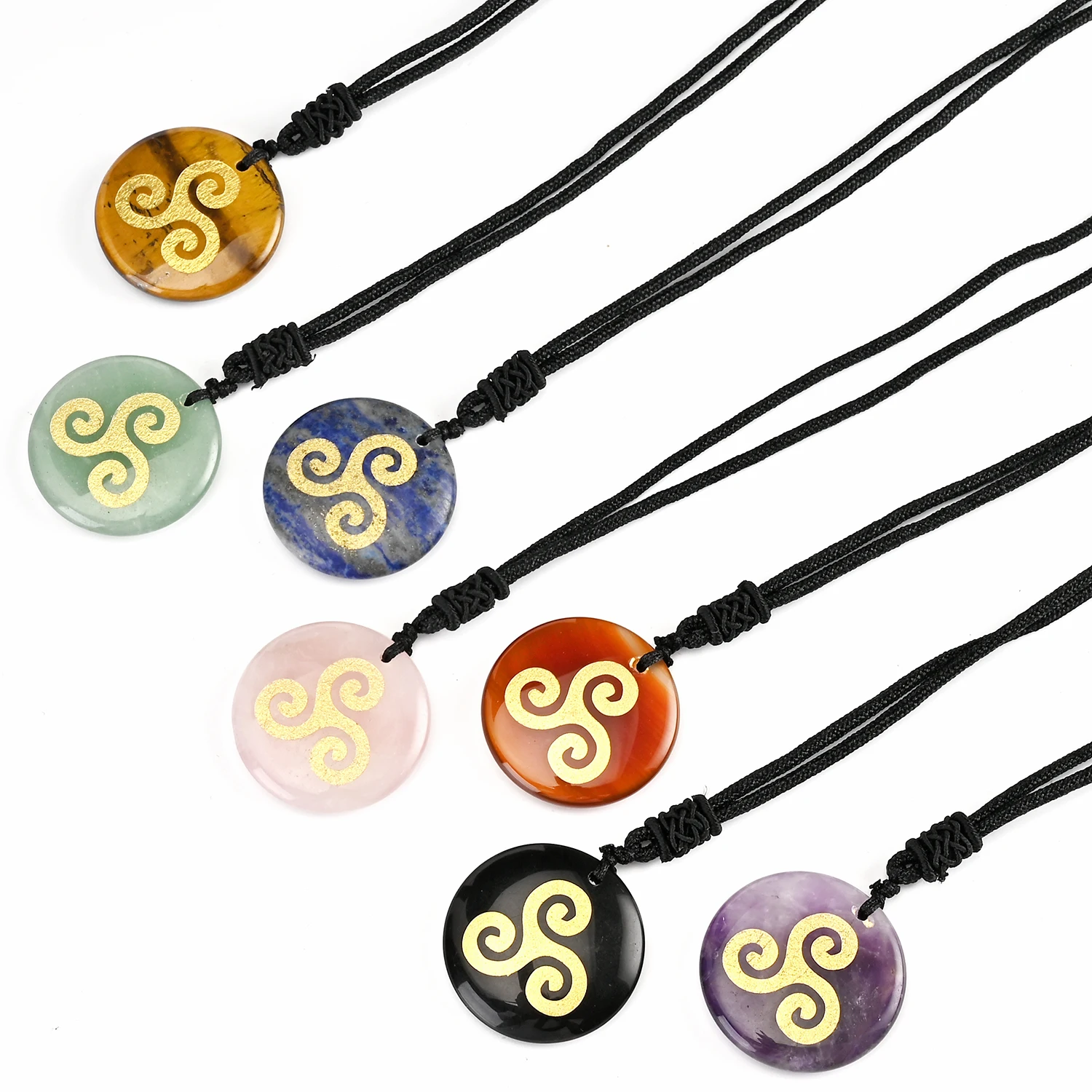 

Factory sells semi precious stone Spiral meditation symbol Round Pendant Necklaces For healing Stones