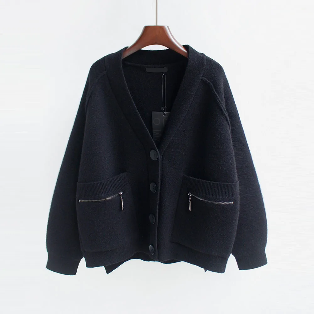 

Women Fall Knitted Sweater Fashion Casual Solid Long Sleeve Single-breasted Loose V-neck Pocket Patchwork Winter Ladies Sweater