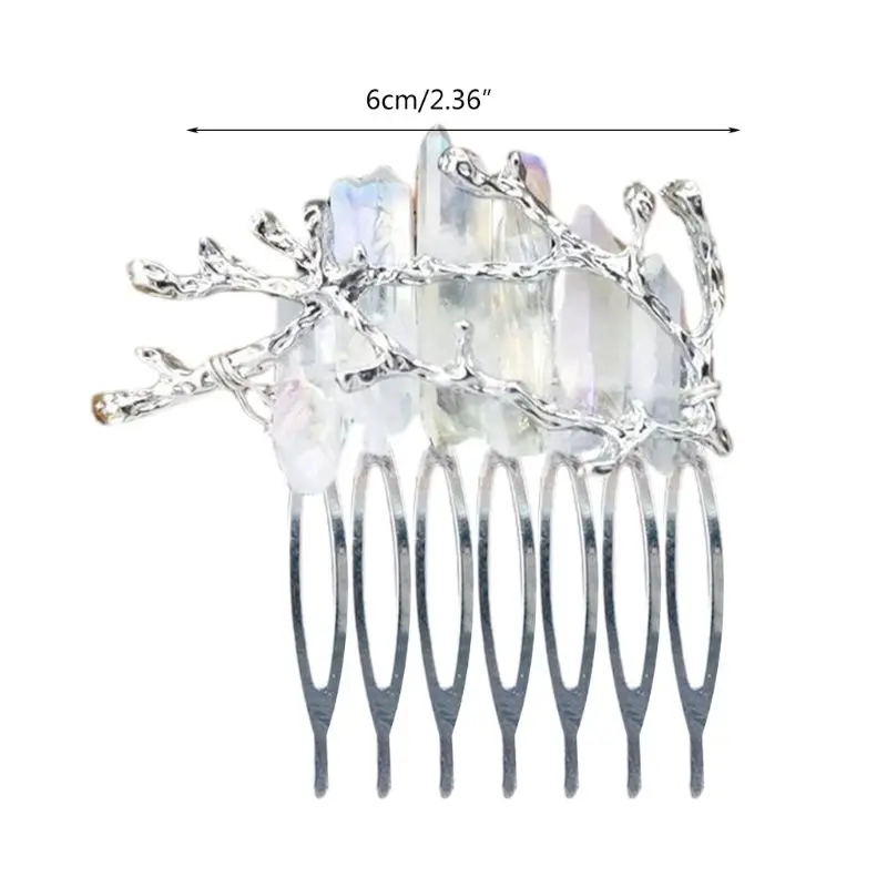 

European Retro Ladies Jewelry Hair Comb Handmade Shiny Raw Crystal Quartz Hairpin Metal Treeh Branch Wedding Headdressv